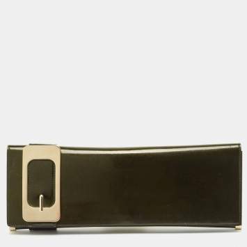 Pre Owned Gucci Green Glitter Patent Leather Buckle Long Clutch