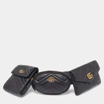 Pre Owned Gucci Black Matelassé Leather GG Marmont 2.0 Multi Belt Bag