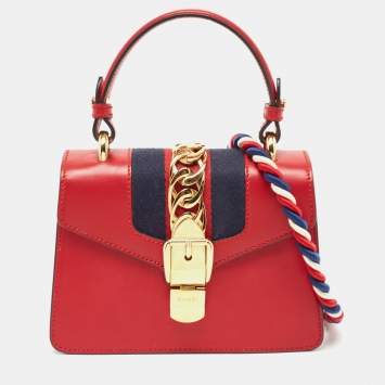 Pre Owned Gucci Red Leather Mini Web Chain Sylvie Top Handle Bag
