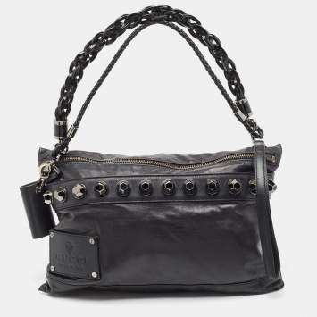 Pre Owned Gucci Black Leather Studded Icon Bit Clutch Bag