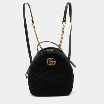 Pre Owned Gucci Black Matelassé Velvet and Leather GG Marmont Backpack