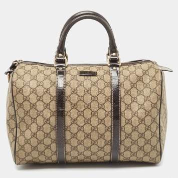 Pre Owned Gucci Beige/Brown GG Supreme Canvas and Leather Medium Joy Boston Bag