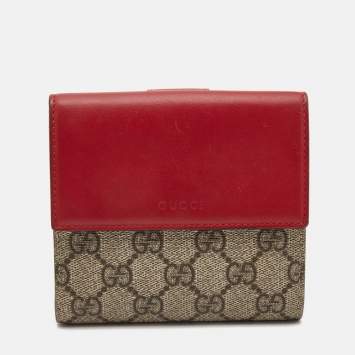 Pre Owned Gucci Red/Beige GG Supreme Coated Canvas and Leather French Flap Wallet