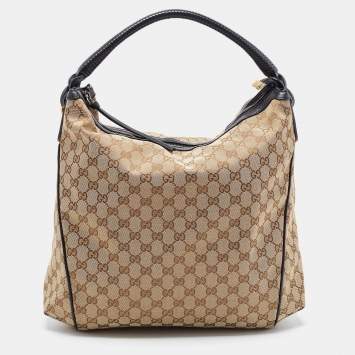 Pre Owned Gucci Beige/Black GG Canvas and Leather Hobo