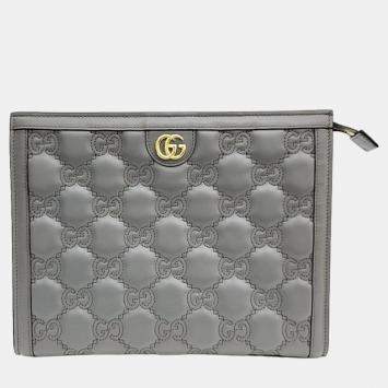 Pre Owned Gucci Grey Leather GG Clutch 