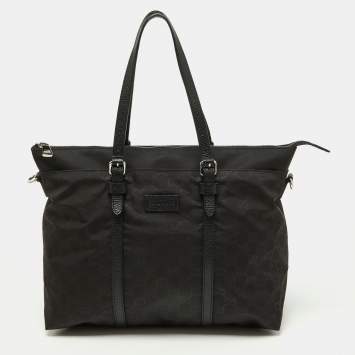 Pre Owned Gucci Black GG Nylon and Leather Top Zip Tote