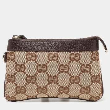 Pre Owned Gucci Beige/Brown GG Canvas and Leather Zip Pouch