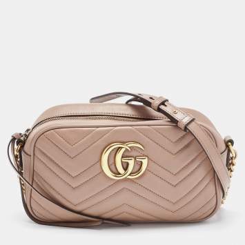 Pre Owned Gucci Dusty Pink Matelassé Leather Small GG Marmont Shoulder Bag