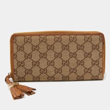 Pre Owned Gucci Beige GG Canvas and Leather Tassel Zip Around Wallet