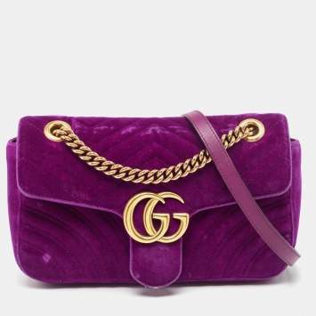 Pre Owned Gucci Purple Matelassé Velvet Small GG Marmont Shoulder Bag