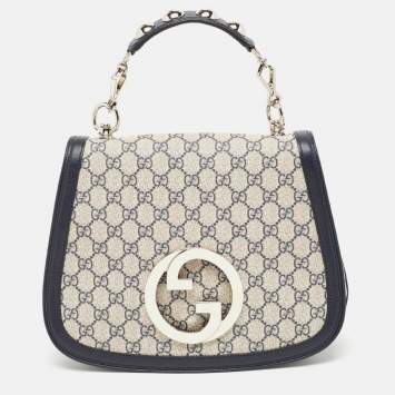 Pre Owned Gucci Navy Blue/Beige GG Supreme Canvas and Leather Blondie Top Handle Bag