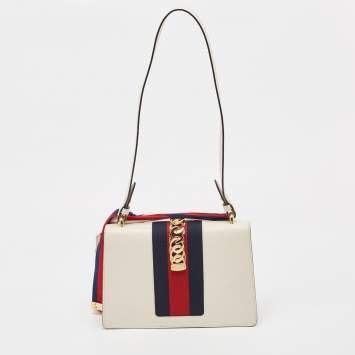 Pre Owned Gucci Off White Leather Small Web Sylvie Shoulder Bag