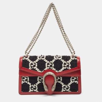 Pre Owned Gucci Black/Red GG Tweed and Leather Small Dionysus Shoulder Bag