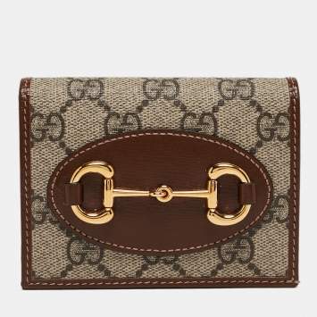 Pre Owned Gucci Brown/Beige GG Supreme Canvas and Leather Horsebit 1955 Flap Card Case