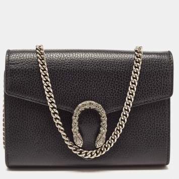 Pre Owned Gucci Black Leather Dionysus Crystals Wallet On Chain