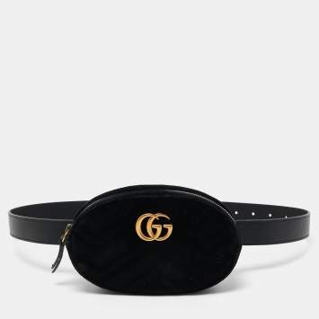 Pre Owned Gucci Black Matelassé Velvet GG Marmont Belt Bag