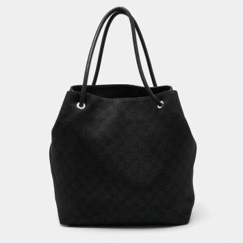 Pre Owned Gucci Black GG Denim and Leather Gifford Shopper Tote