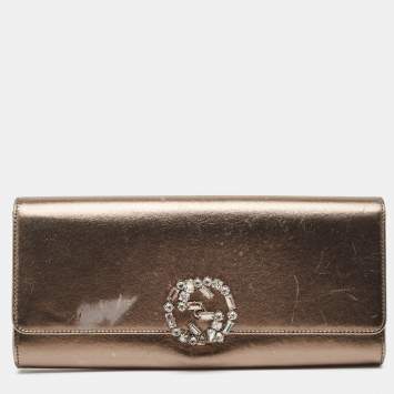 Pre Owned Gucci Metallic Leather GG Crystals Broadway Clutch