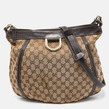 Pre Owned Gucci Beige/Brown GG Canvas and Leather D Ring Hobo