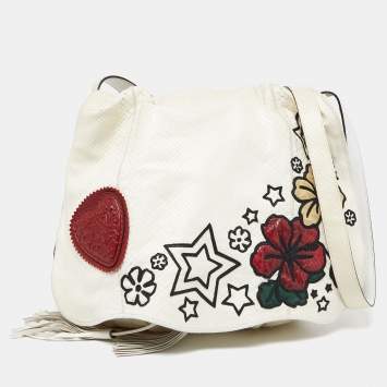 Pre Owned Gucci White Python and Leather Flower Tattoo Tribeca Messenger Bag