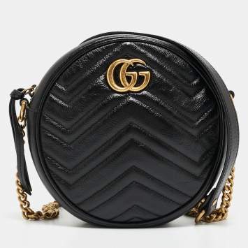 Pre Owned Gucci Black Matelassé Leather Mini GG Marmont Round Crossbody Bag