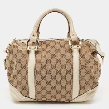 Pre Owned Gucci Beige/Off White GG Canvas and Leather Equestrian Horseshoe Satchel