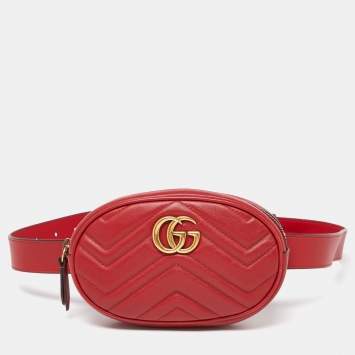 Pre Owned Gucci Red Matelassé Leather GG Marmont Belt Bag