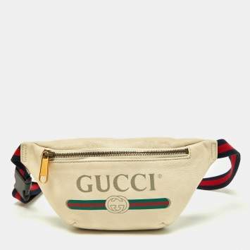 Pre Owned Gucci Cream Leather Logo Web Belt Bag