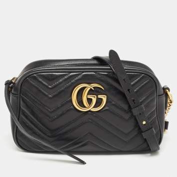 Pre Owned Gucci Black Matelassé Leather Small GG Marmont Camera Crossbody Bag