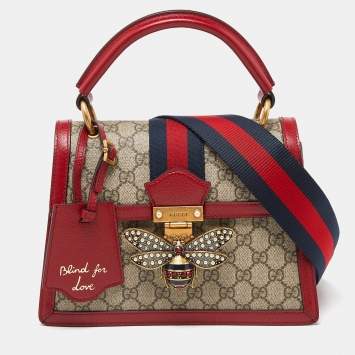 Pre Owned Gucci Beige/Red GG Supreme Canvas and Leather Small Queen Margaret Top Handle Bag