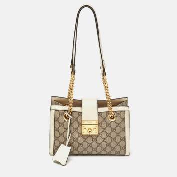 Pre Owned Gucci Beige/Off White GG Supreme Canvas and Leather Small Padlock Tote