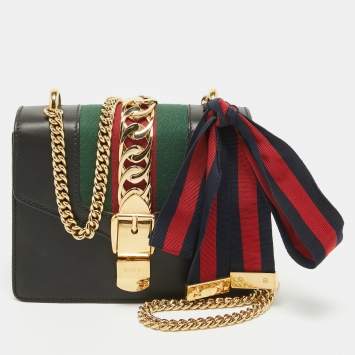 Pre Owned Gucci Black Leather Mini Web Chain Sylvie Crossbody Bag