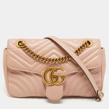 Pre Owned Gucci Pink Leather GG Small Marmont Matelassé Shoulder Bag