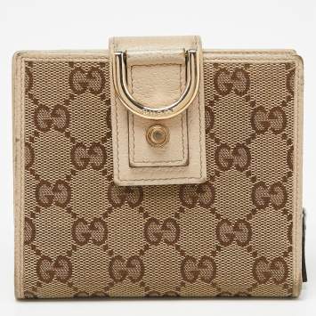 Pre Owned Gucci Beige GG Canvas and Leather Abbey D Ring Compact Wallet