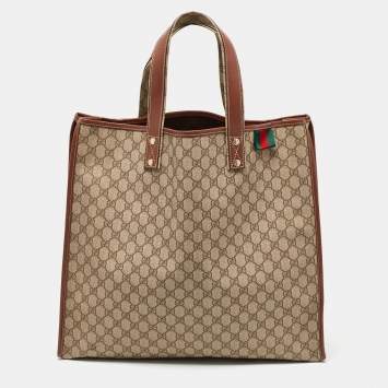 Pre Owned Gucci Beige/Brown GG Supreme Canvas and Leather Vertical Web Loop Shopper Tote