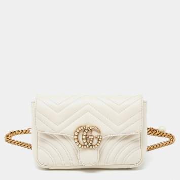 Pre Owned Gucci Off White Matelassé Leather GG Pearl Marmont Chain Belt Bag