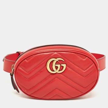 Pre Owned Gucci Red Matelassé Leather GG Marmont Belt Bag