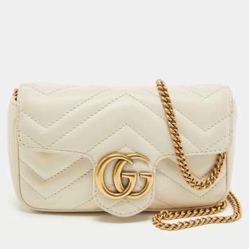 Pre Owned Gucci Off White Matelassé Leather Super Mini GG Marmont Shoulder Bag