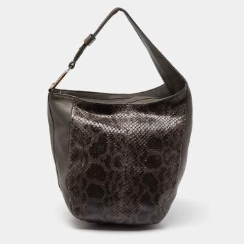 Pre Owned Gucci Grey Leather and Python Medium Greenwich Hobo