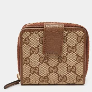 Pre Owned Gucci Brown/Beige GG Canvas Leather Zip Around Compact Wallet
