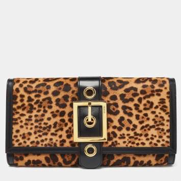Pre Owned Gucci Brown/Black Leopard Print Calfhair and Leather Lady Buckle Clutch