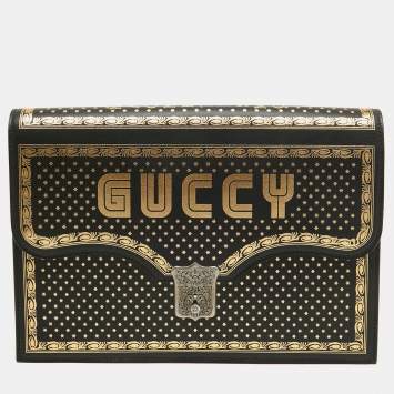 Gucci Black/Gold Leather Printed GUCCY Portfolio Clutch 