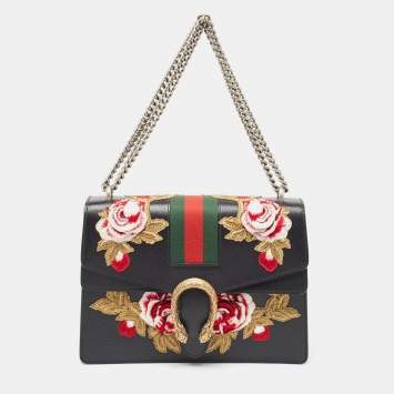 Pre Owned Gucci Black Leather Medium Embroidered Web Dionysus Shoulder Bag