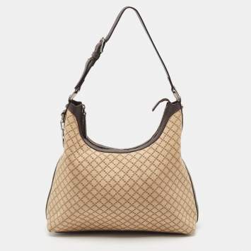 Pre Owned Gucci Beige/Brown Diamante Canvas and Leather Village Double G Hobo