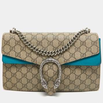 Pre Owned Gucci Beige/Blue GG Supreme Canvas and Suede Small Dionysus Shoulder Bag