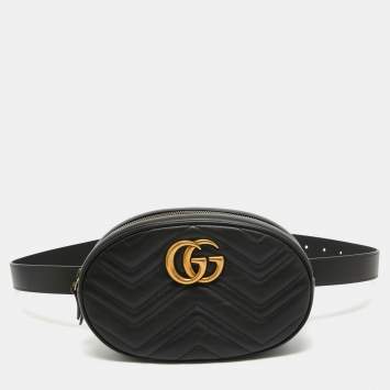 Pre Owned Gucci Black Matelassé Leather GG Marmont Belt Bag