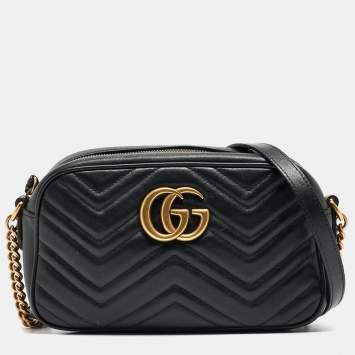 Pre Owned Gucci Black Matelassé Leather Small GG Marmont Shoulder Bag