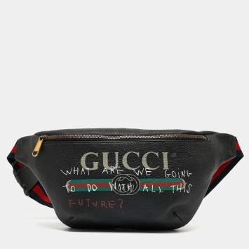 Pre Owned Gucci Black Pebbled Leather Logo Web Belt Bag