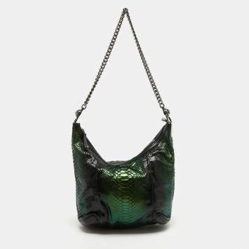 Pre Owned Gucci Metallic Green Python Medium Galaxy Chain Hobo