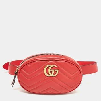 Pre Owned Gucci Red Matelassé Leather GG Marmont Belt Bag
